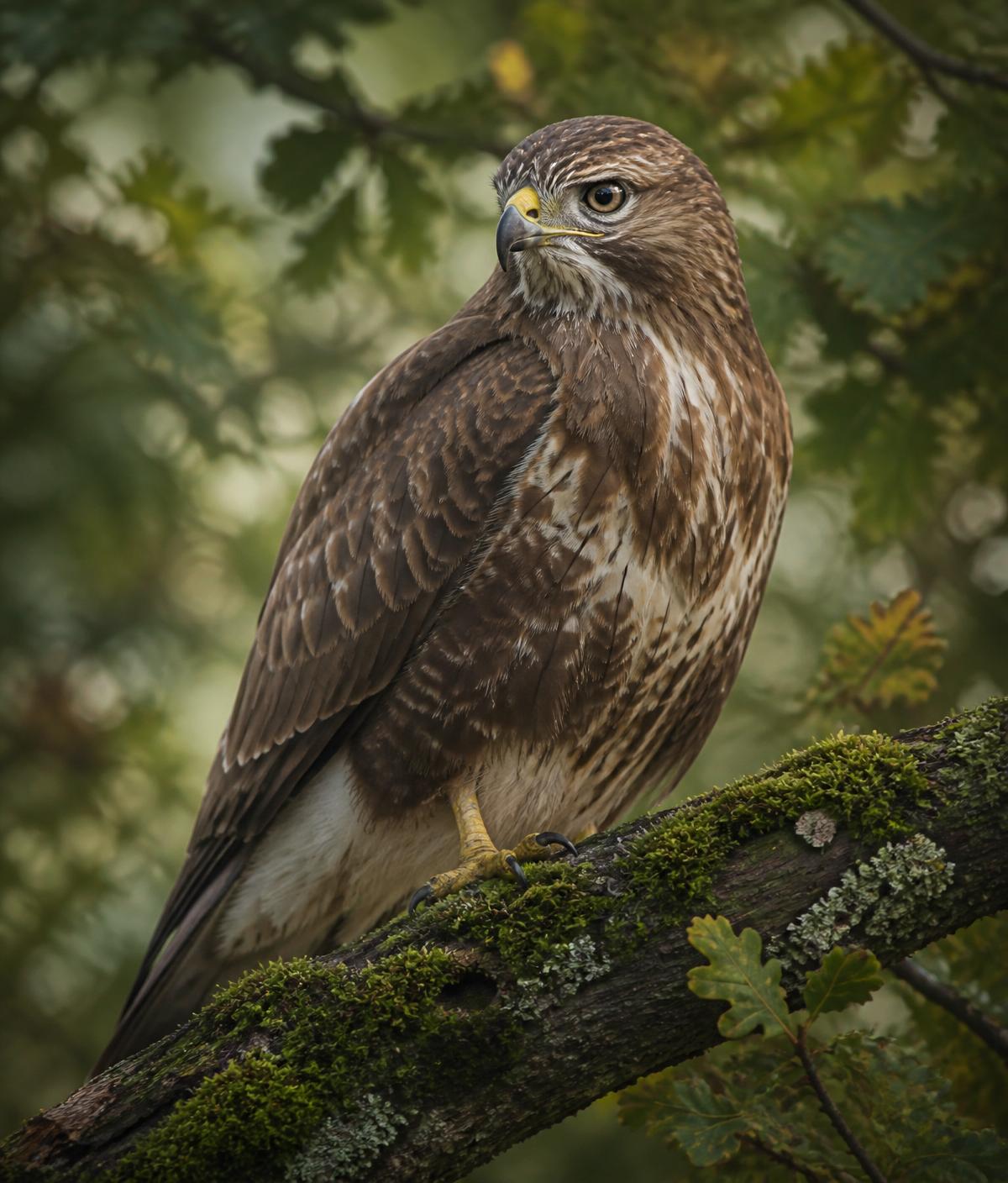 A common buzzard perched on a mossy oak branch in a Surrey woodland