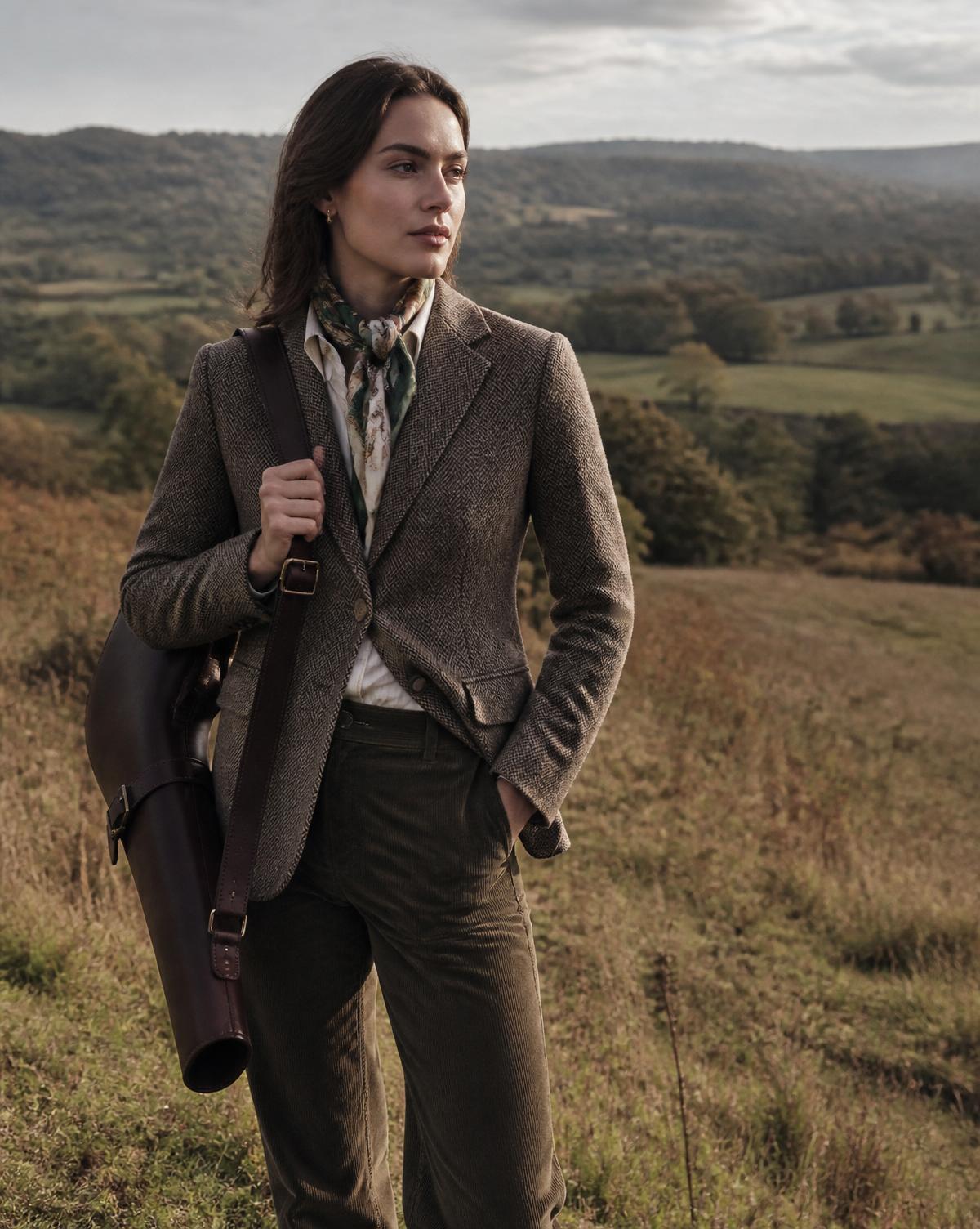 Model in a herringbone tweed jacket carrying a leather gun slip across the Surrey Hills