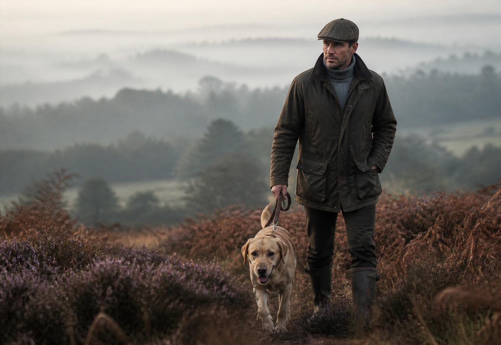 A gentleman in a waxed jacket walking a labrador through heather on a misty Surrey ridge